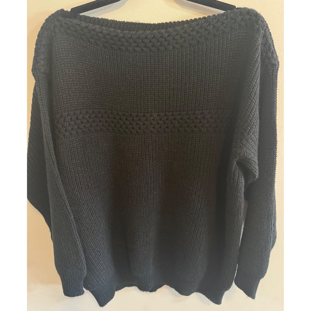 Brunny Vintage Made in USA Black Knit Sweater Cozy Fall Boat Neck Pointelle M